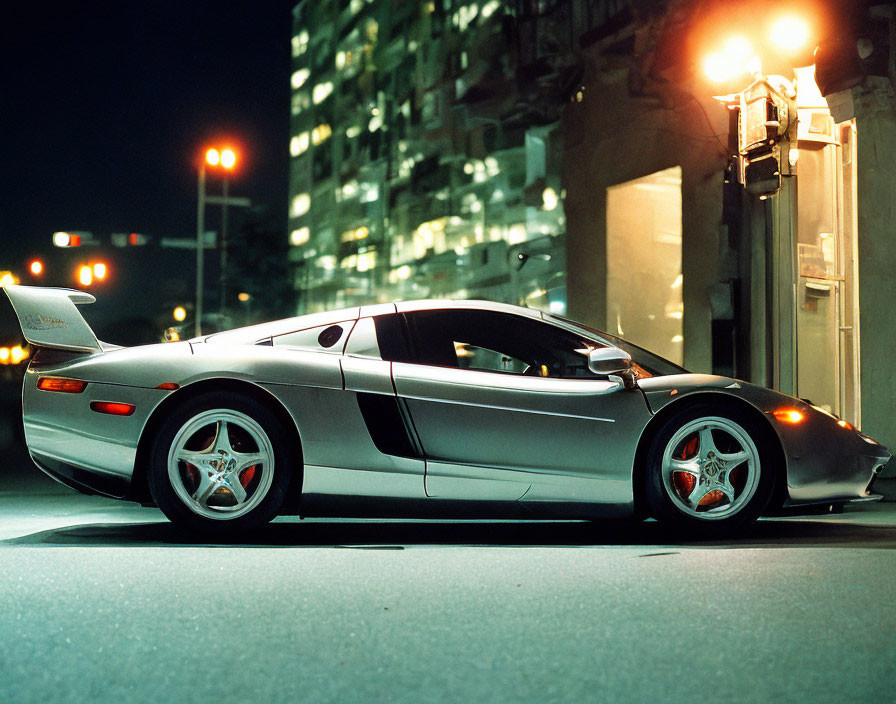 Silver sports car parked at night on urban street with overhead streetlights and buildings in background