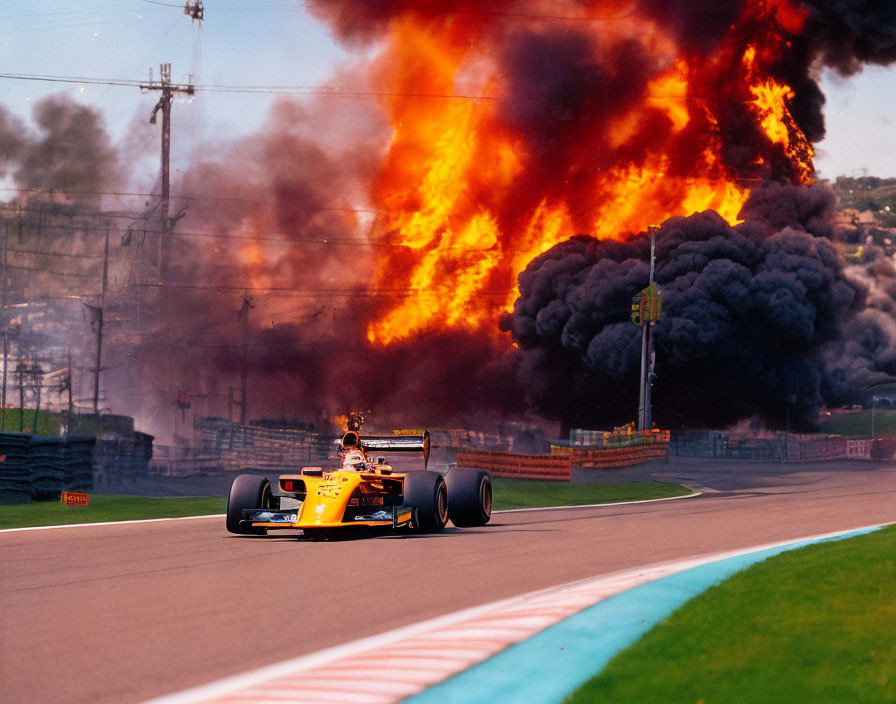 Race car speeding on track with massive fire and black smoke.