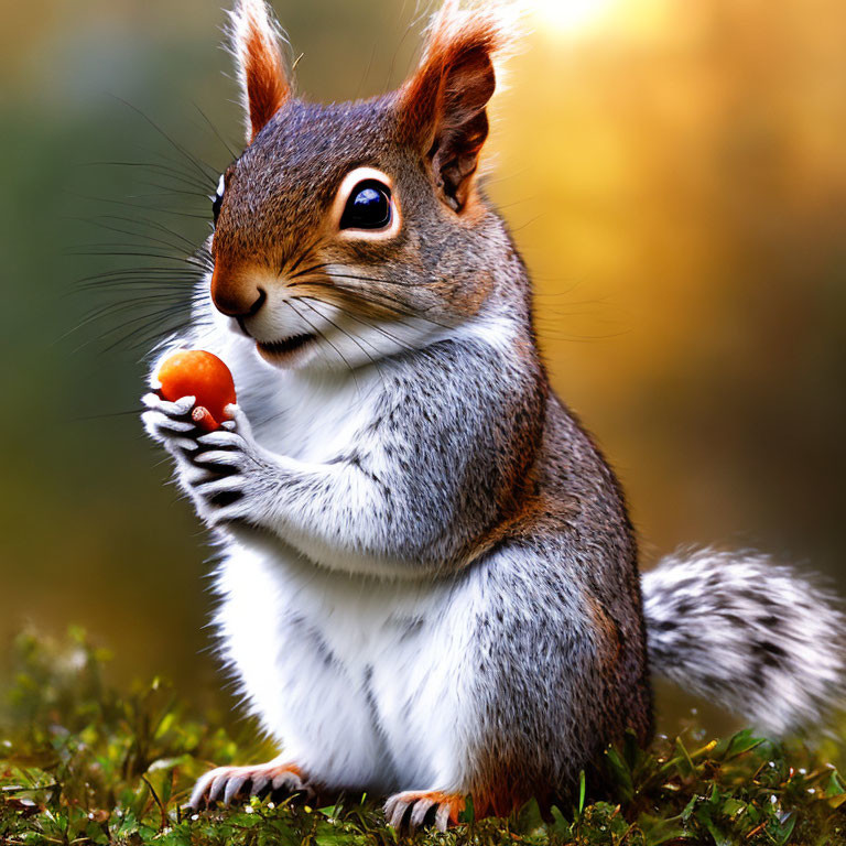 Squirrel holding nut on grass with autumn background