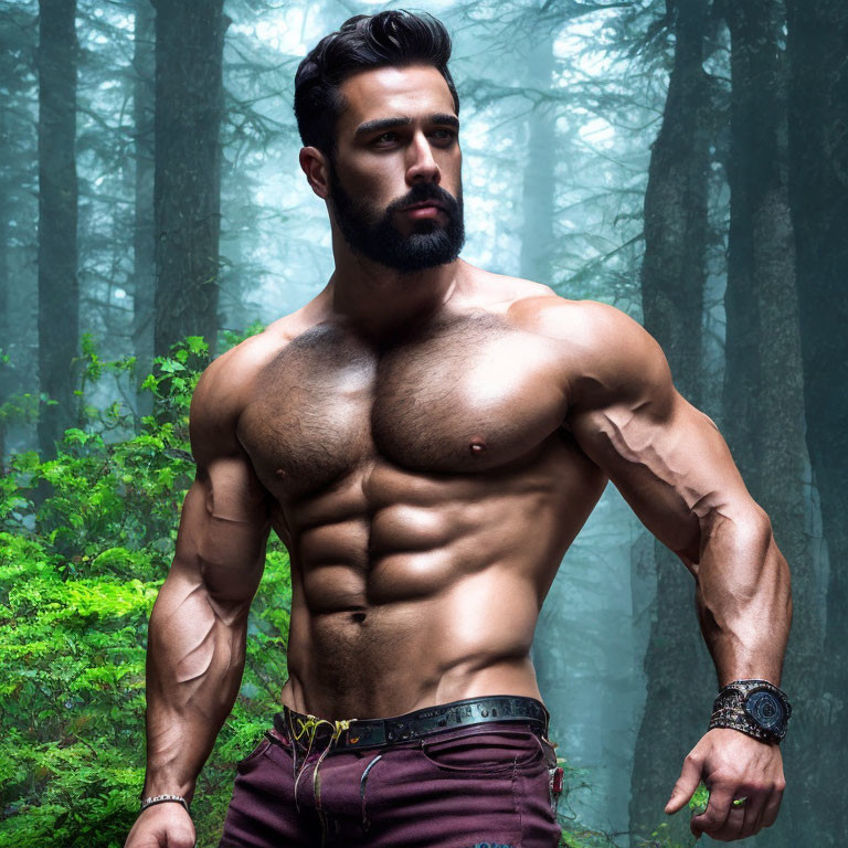 Bearded muscular man in forest with fog and watch