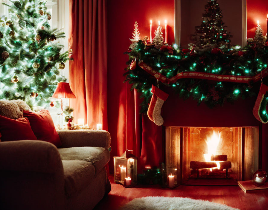 Festive Christmas room with tree, stockings, and candles