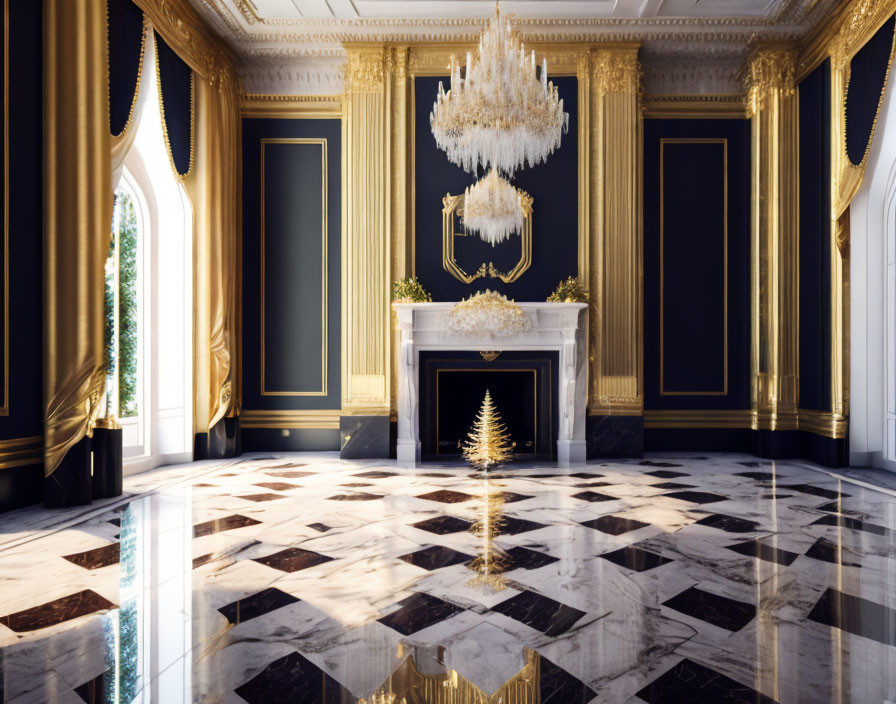 Luxurious Room with Checkered Floor, Chandelier, Gold Trim, and Fireplace Decor