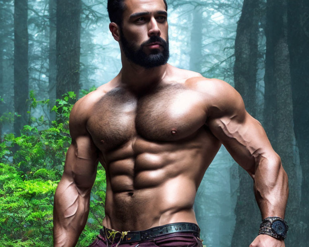 Bearded muscular man in forest with fog and watch