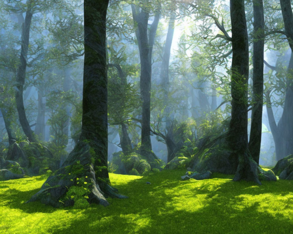 Sunlit Misty Forest with Vibrant Green Moss and Grass