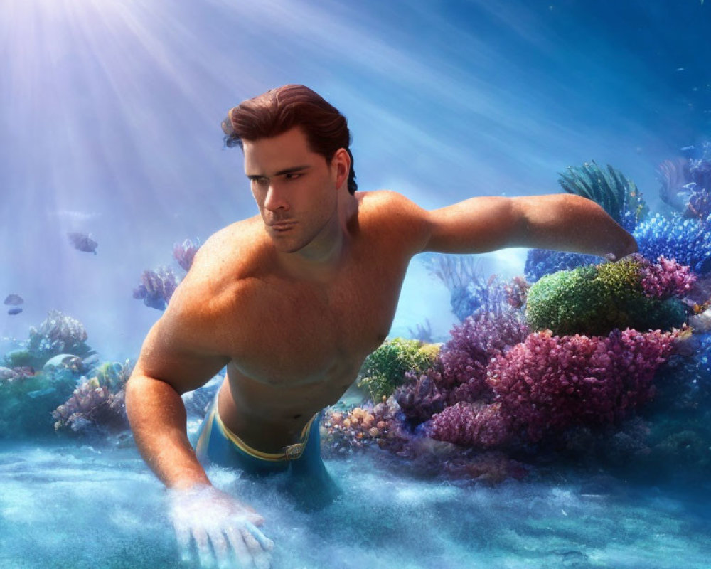 Dark-Haired Male Character Swimming Among Colorful Coral Reefs