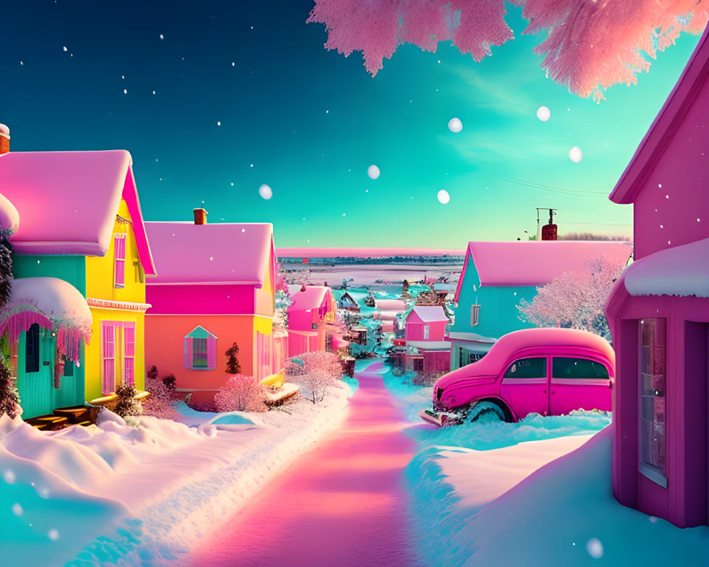 Colorful Winter Village Scene with Snowy Trees and Falling Snowflakes