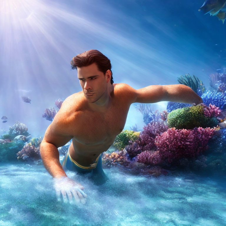 Dark-Haired Male Character Swimming Among Colorful Coral Reefs