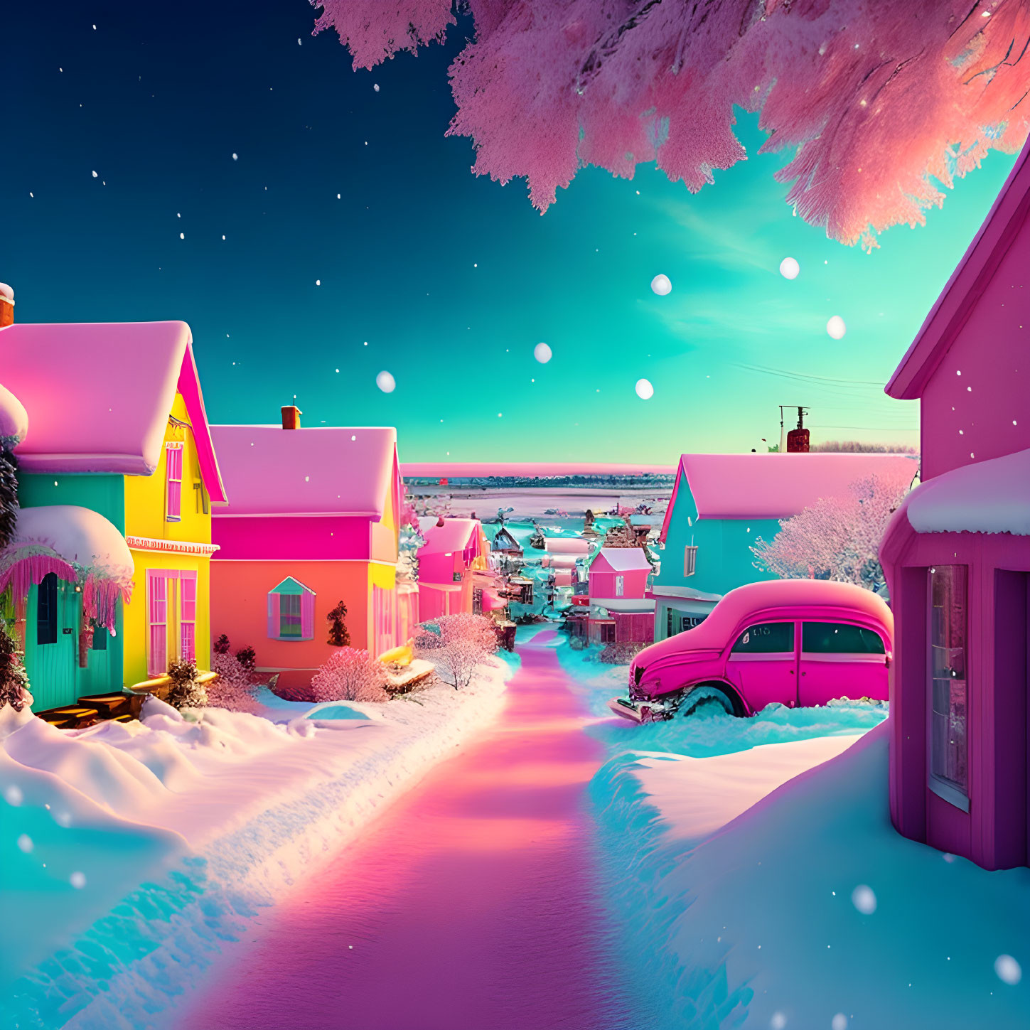 Colorful Winter Village Scene with Snowy Trees and Falling Snowflakes