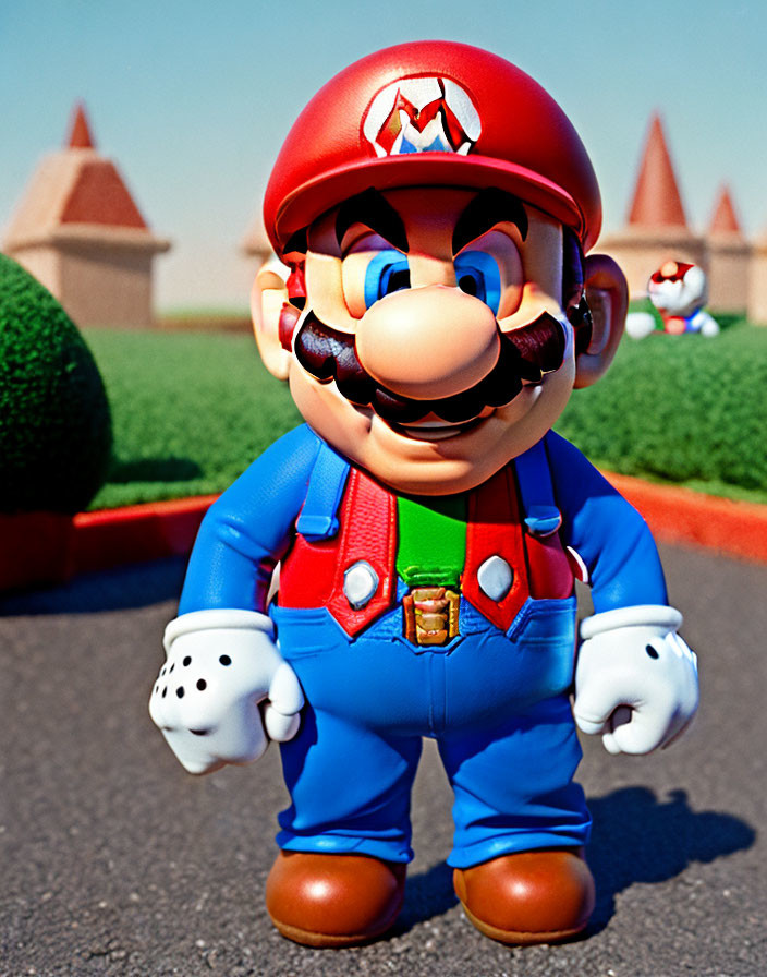 3D Mario Illustration in Vibrant Landscape with Toad Houses