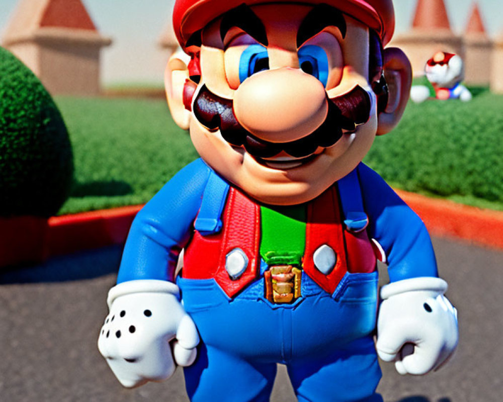 3D Mario Illustration in Vibrant Landscape with Toad Houses