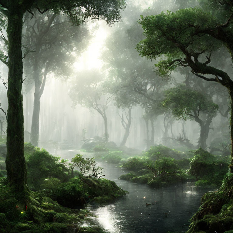 Misty forest scene with moss-covered trees and stream