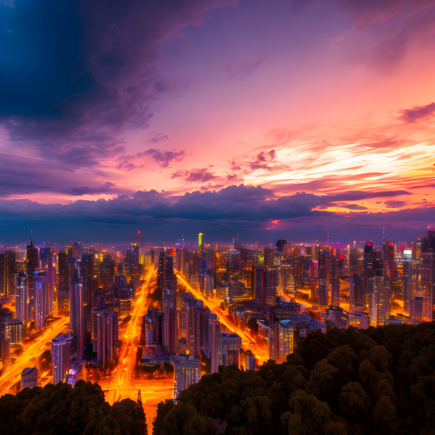 Colorful sunset illuminates city lights and car streaks against dramatic sky