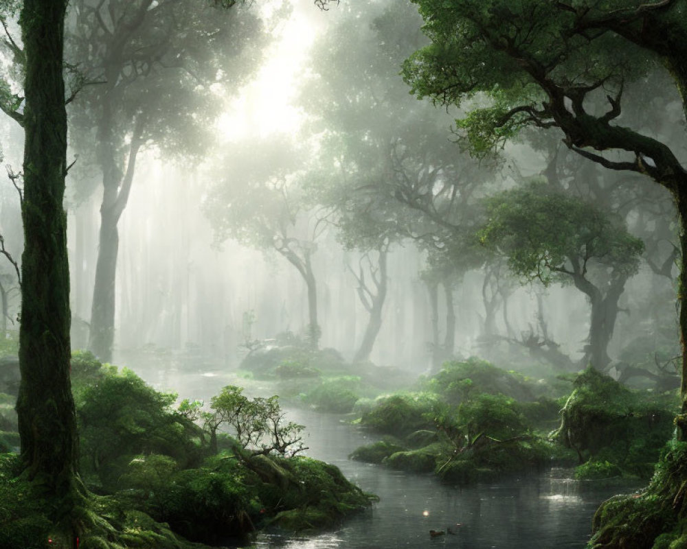 Misty forest scene with moss-covered trees and stream