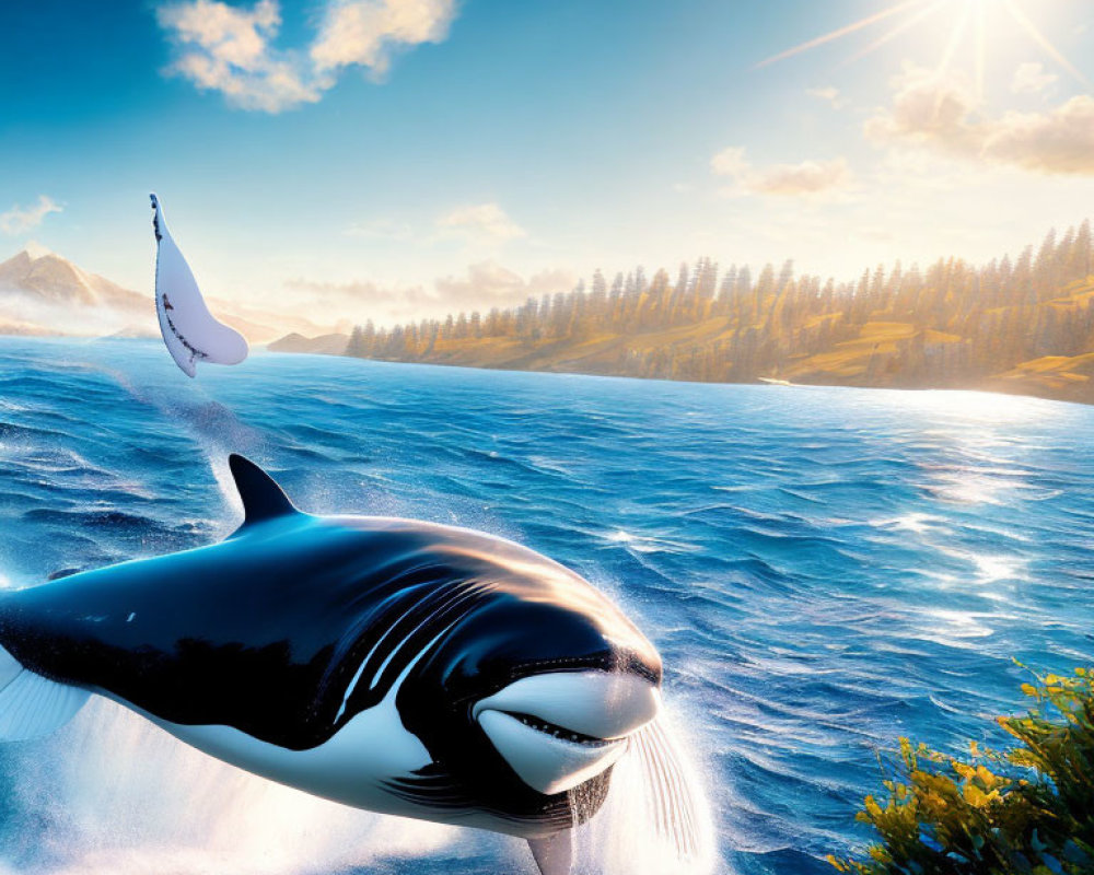 Surreal digital artwork of orca whale leaping into clear sky