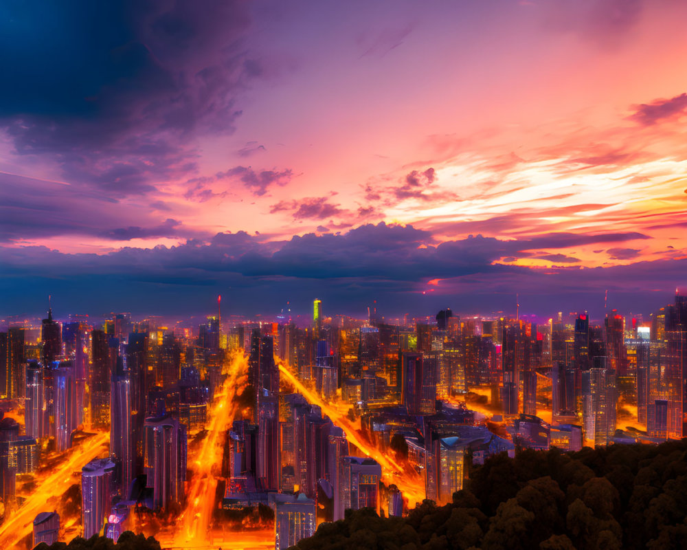 Colorful sunset illuminates city lights and car streaks against dramatic sky