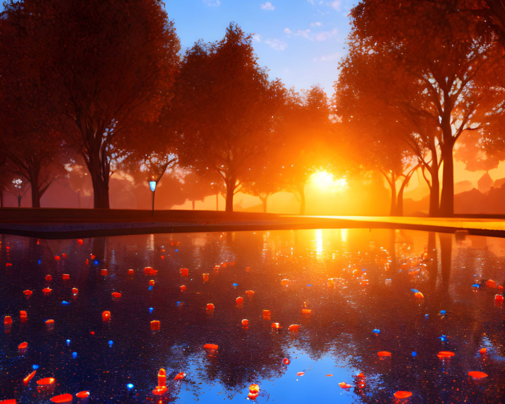 Fiery orange sunset reflecting on wet street with trees and lampposts