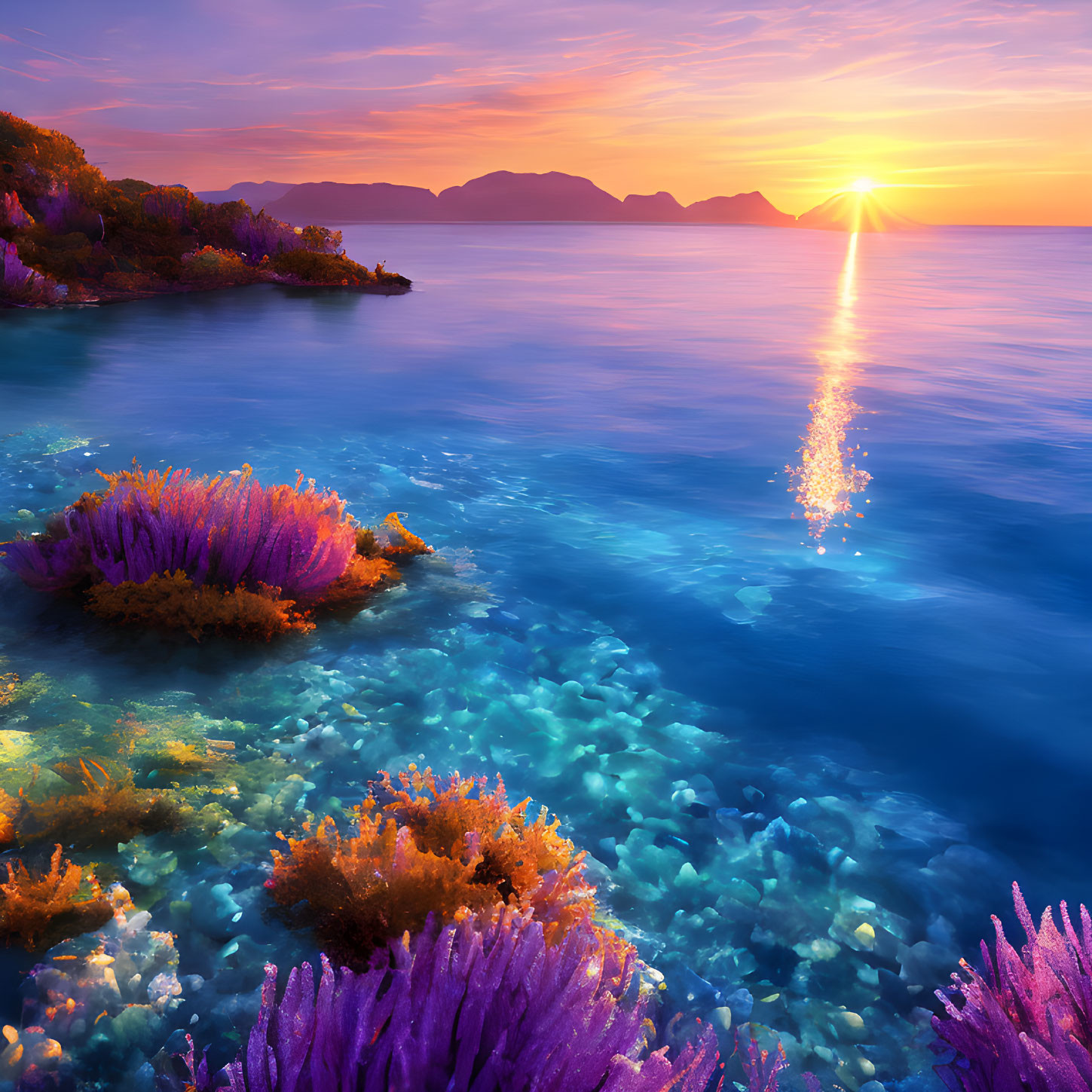 Colorful coral foreground in vibrant sunset seascape