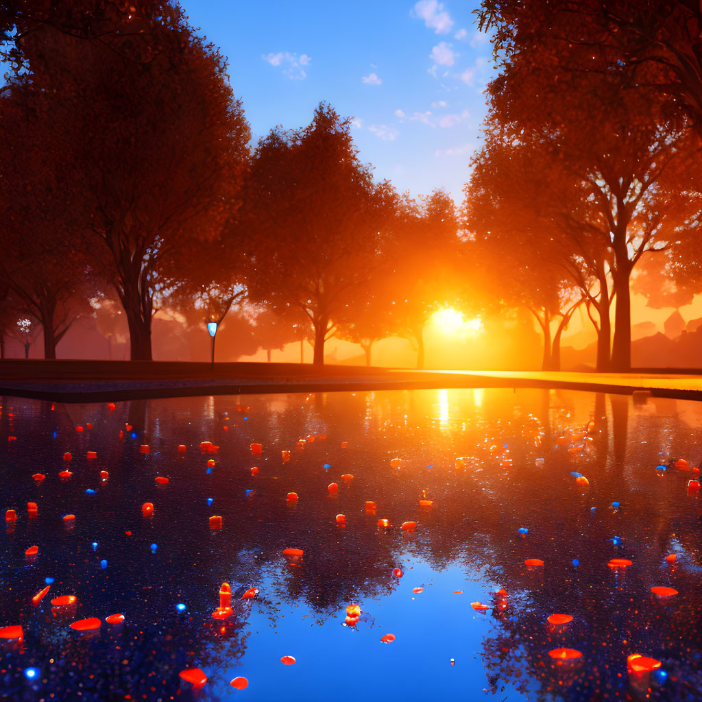 Fiery orange sunset reflecting on wet street with trees and lampposts