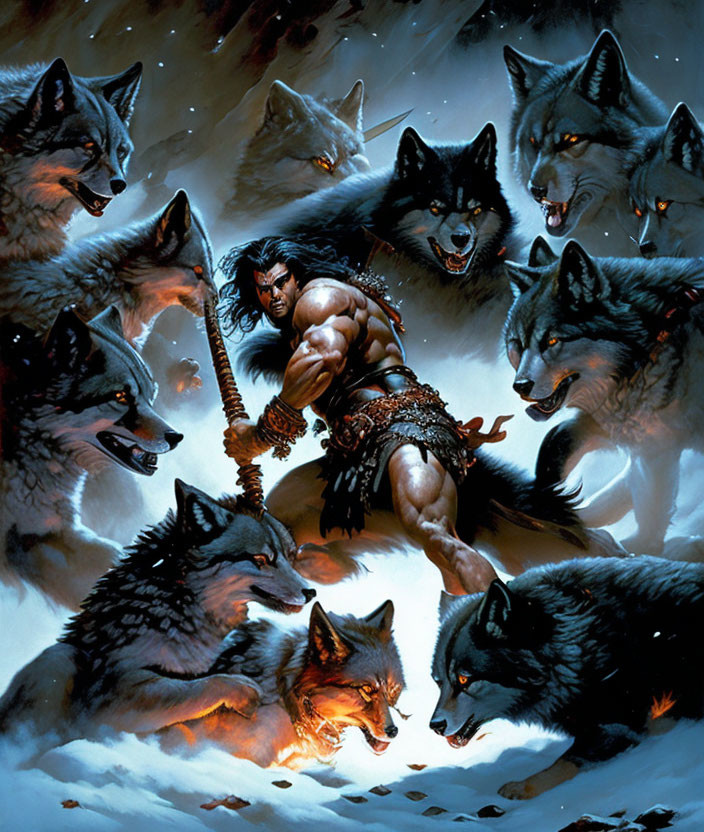 Muscular warrior with weapon confronts snarling wolves under night sky