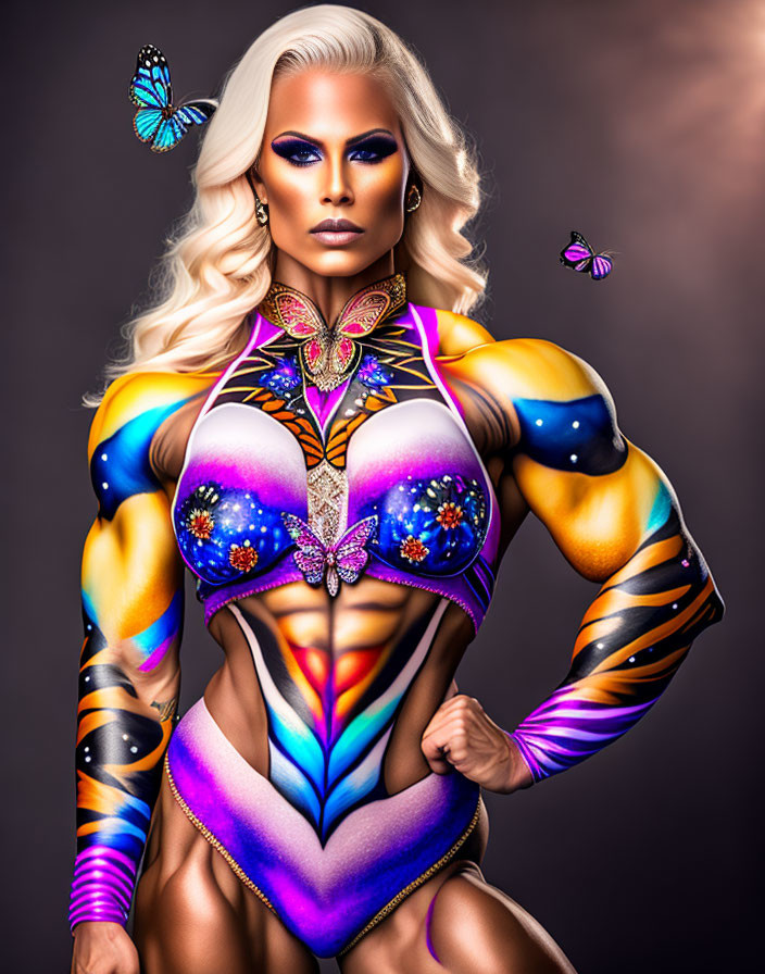 Elaborate superhero-themed body paint with gemstones and butterflies.