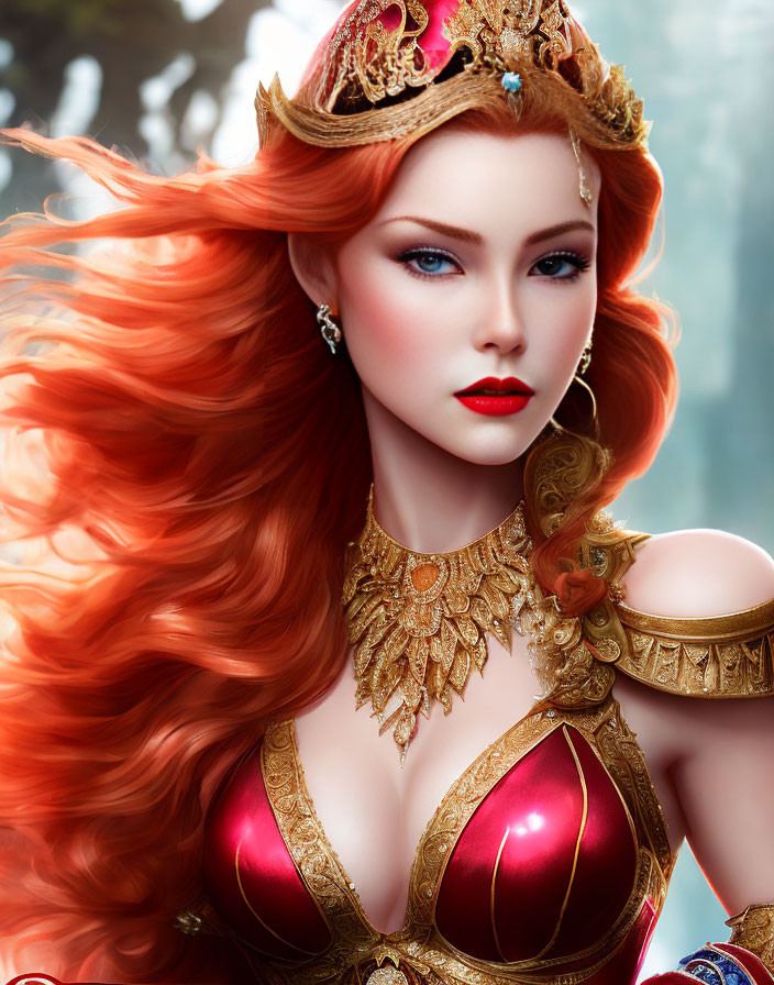 Regal woman with red hair in gold crown and armor, blue eyes and bold makeup