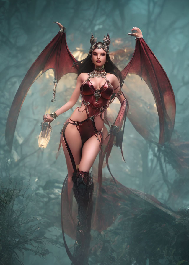 Fantasy-themed illustration of a woman with dragon wings and crown in misty forest.