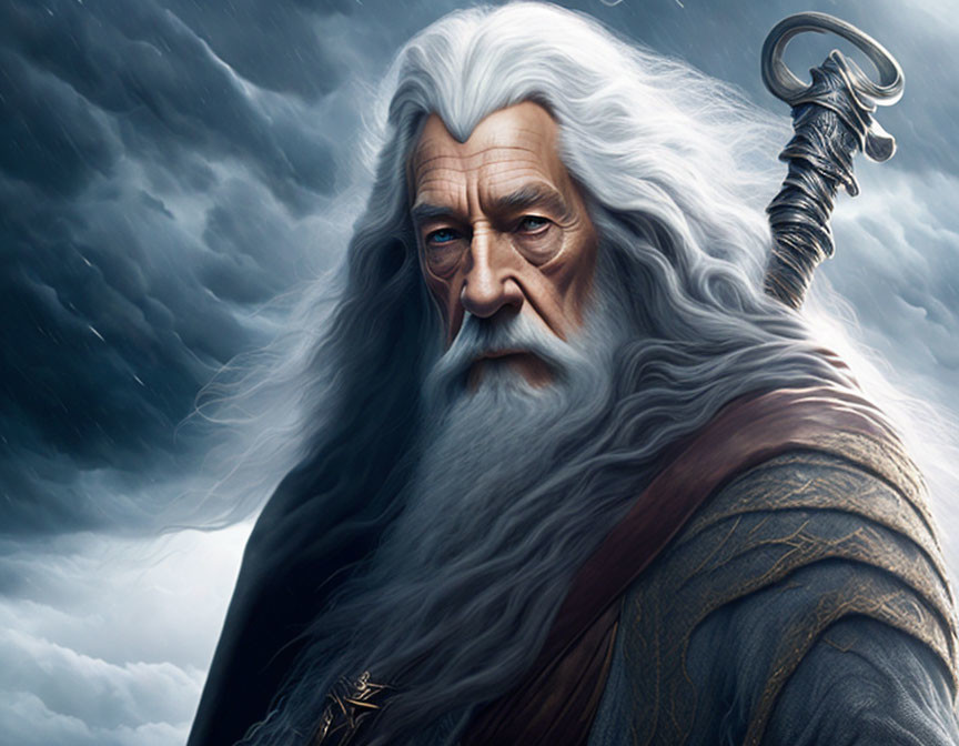 Elderly wizard with long white beard and staff in stormy sky illustration