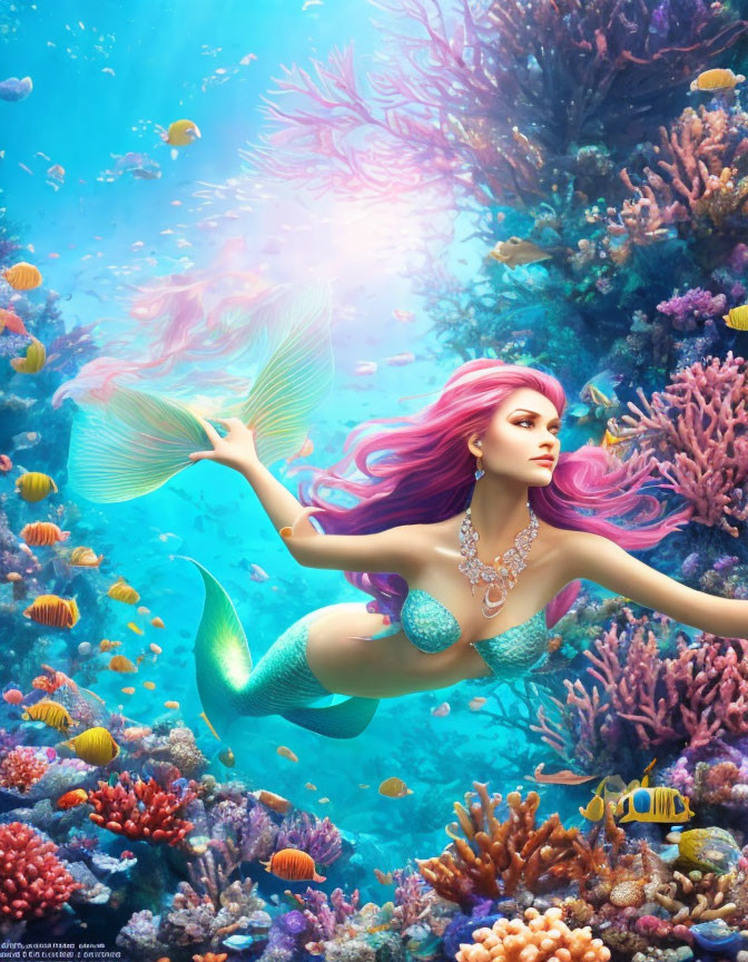 Colorful Mermaid Illustration Swimming Amid Coral Reefs