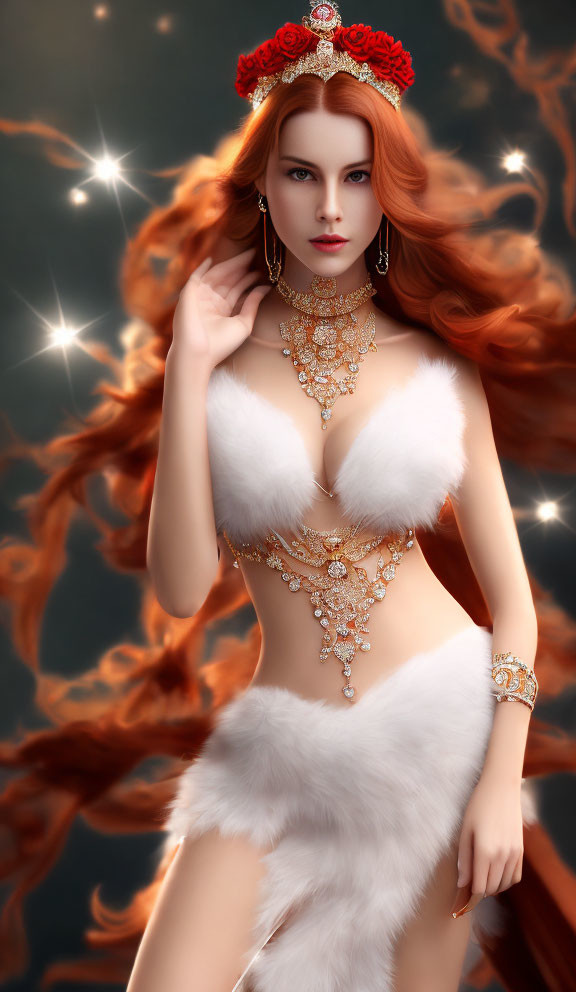 Digital art: Woman with red hair and golden crown in fur outfit