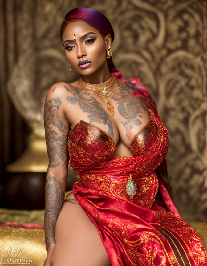 Elegantly dressed woman in red and gold attire with intricate tattoos poses against patterned backdrop