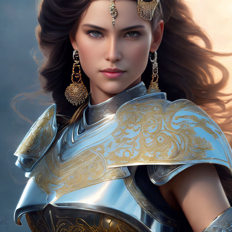 Digital Artwork: Woman in Golden Armor with Dark Hair & Blue Eyes