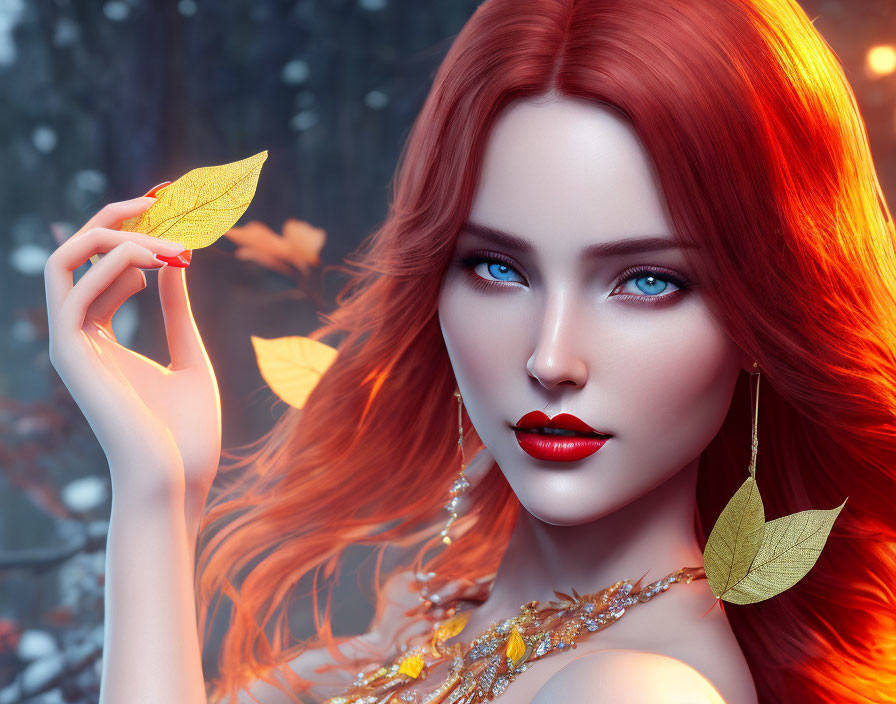 Red-haired woman with blue eyes holding golden leaf in wintry forest scene