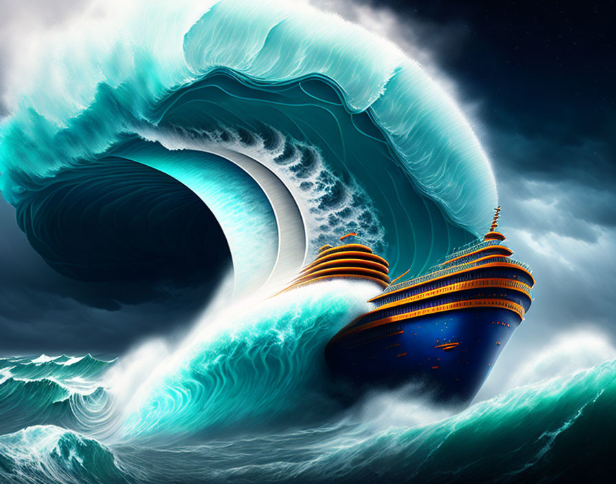 Massive cruise ship riding colossal wave in surreal image