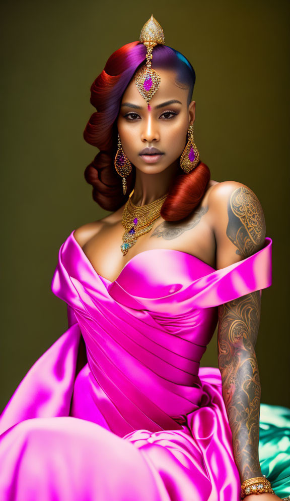 Adorned woman in pink dress with tattoos and gold necklace on greenish background