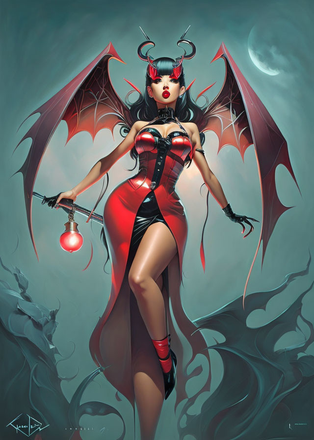 Illustration of female demon with bat wings, horns, scepter, in red and black attire,