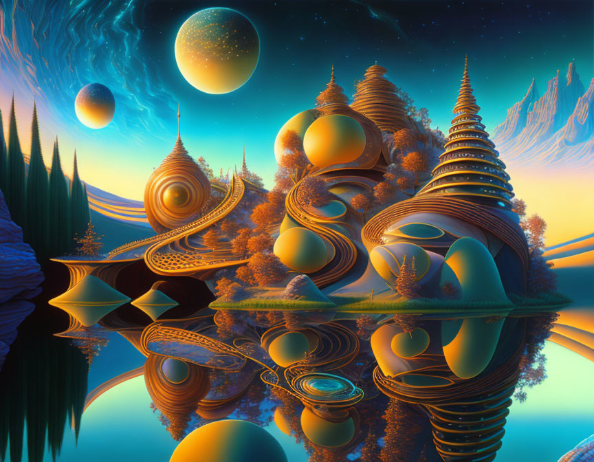 Surreal landscape with orange alien-like structures and mirror-like water