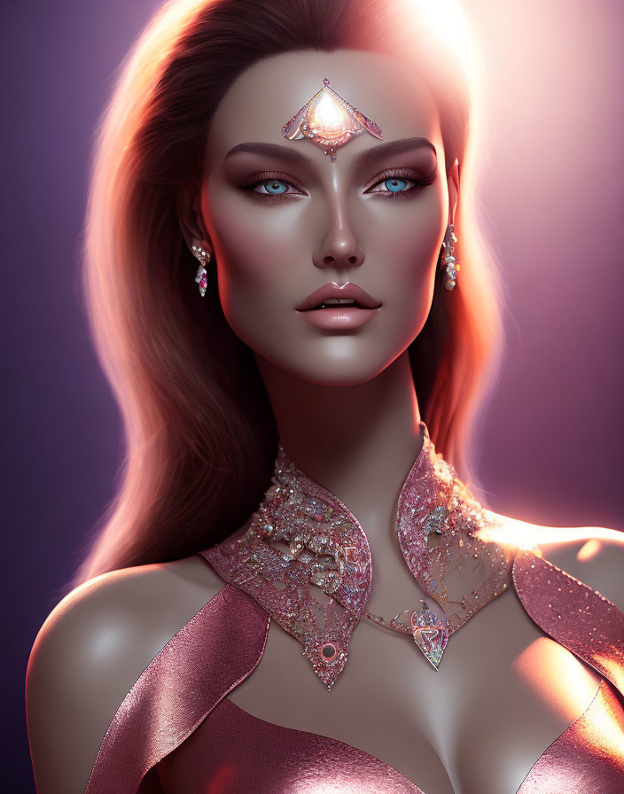 Digital portrait of woman with blue eyes and jewelry on purple background