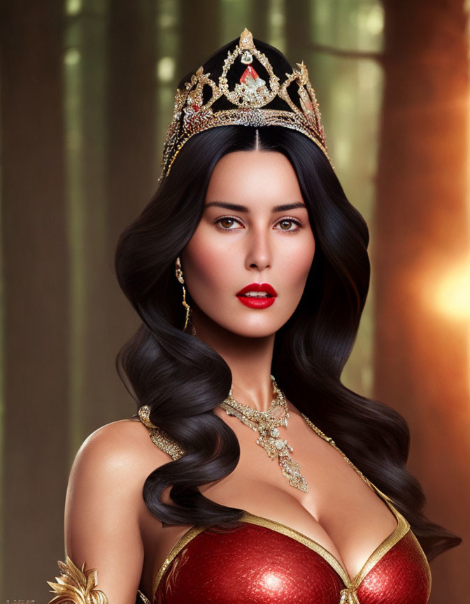 Regal woman with golden crown and red jewels on soft lit background