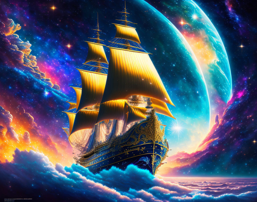 Fantastical sailing ship in cosmic sky with planet and nebulae