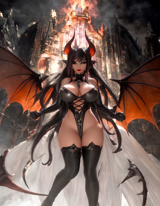 Female demon with horns and wings in black costume against gothic castle