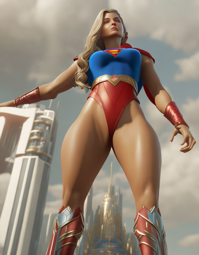 3D rendering of Supergirl in blue and red costume with cape in heroic pose