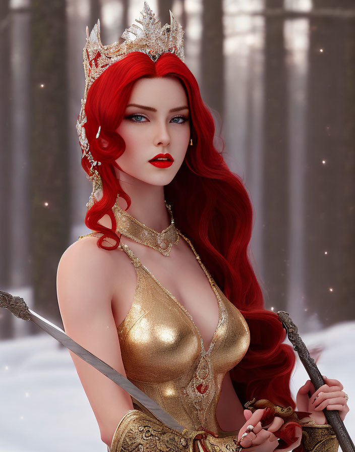 Regal red-haired woman with golden crown in snowy forest setting