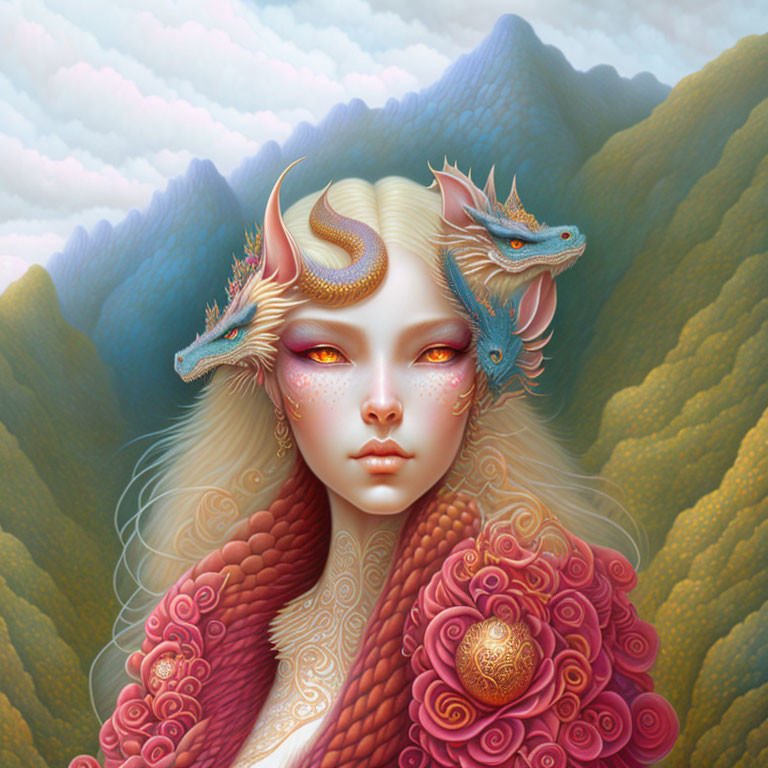 Fantasy illustration of woman with dragon features and small dragons on shoulders in mountainous backdrop