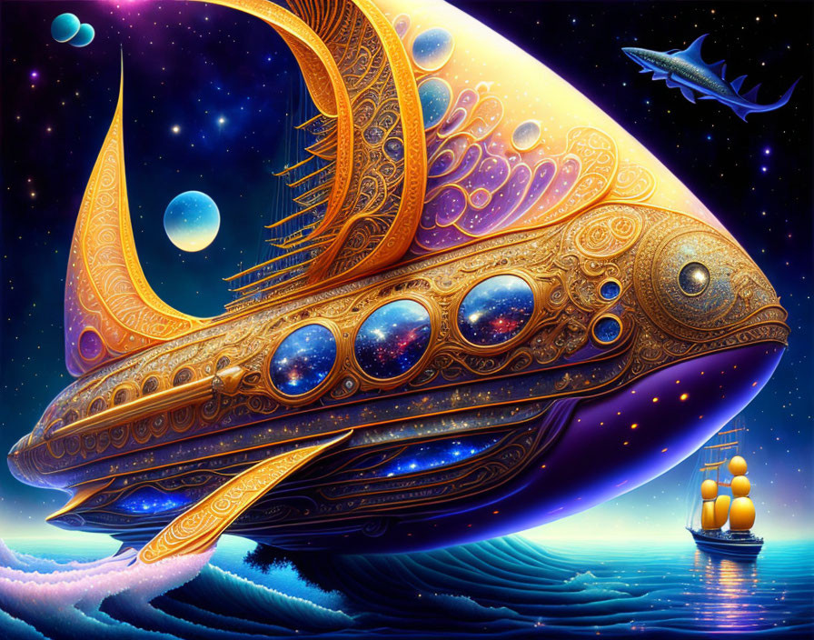 Colorful illustration of ornate spaceship over ocean with sailing ship and planets.