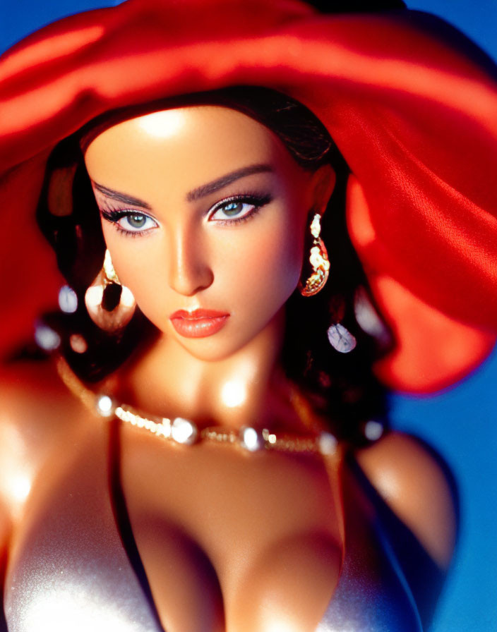 Detailed Close-Up of Doll with Red Hat and Gold Accessories on Blue Background