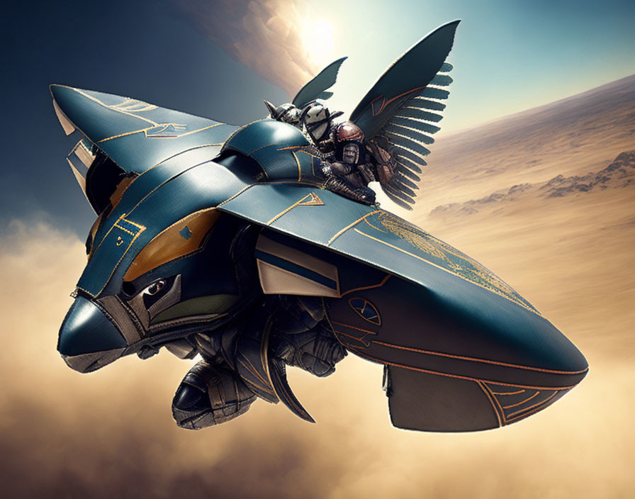 Futuristic warrior in elaborate armor on bird-shaped vehicle above desert