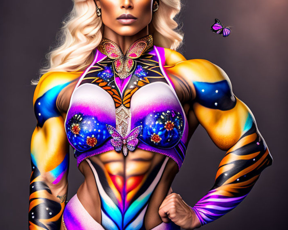 Elaborate superhero-themed body paint with gemstones and butterflies.