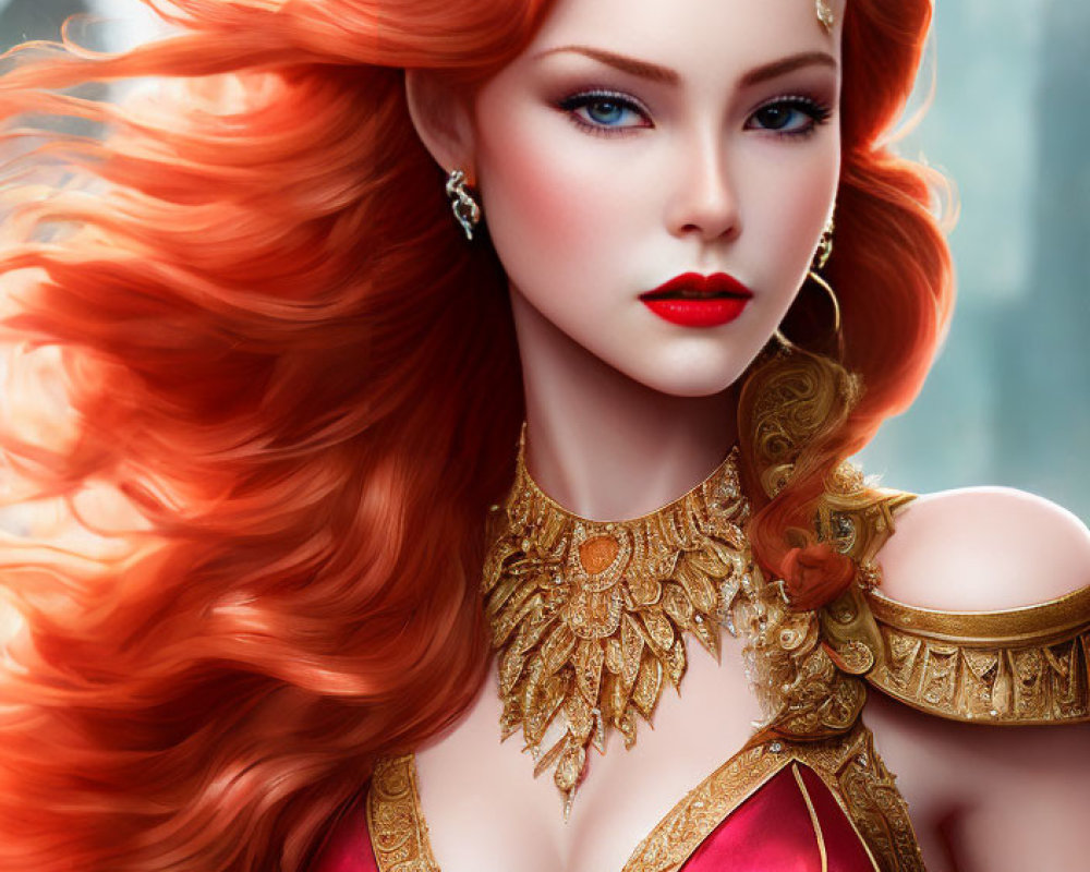 Regal woman with red hair in gold crown and armor, blue eyes and bold makeup