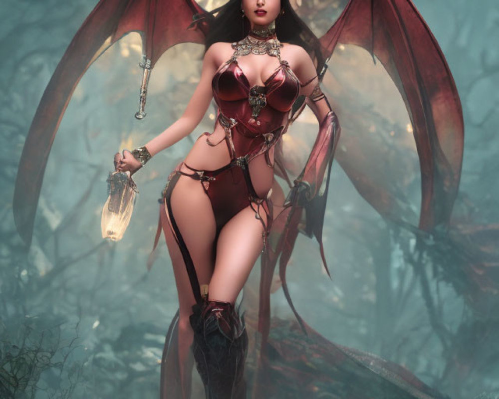 Fantasy-themed illustration of a woman with dragon wings and crown in misty forest.