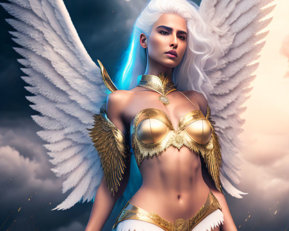 Fantasy digital art of female character with white angelic wings in golden armor